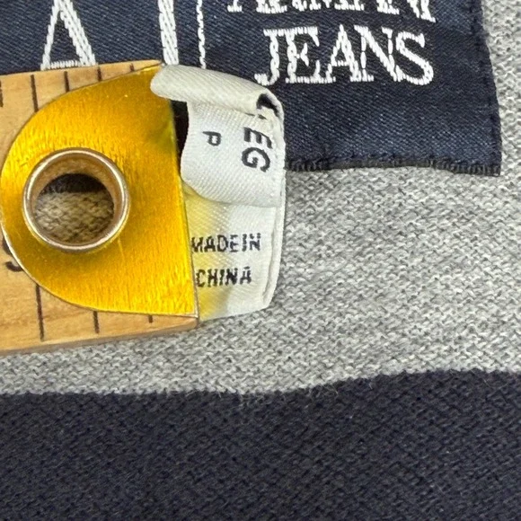 Armani Jeans Mens XL Polo Shirt Navy Blue Grey Striped Big Spellout Graphic Y2K - Picture 7 of 9